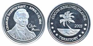 Cocos (Keeling) Islands, Silver 10 Dollars, 7.81g, 2003, To honour Charles Darwin’s visit 