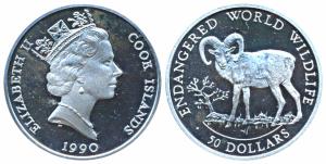 Cook Islands, Silver 50 Dollars, 19.4g, 1990, Endangered World Wildlife Series - Bighorn S