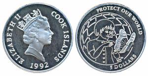 Cook Islands, Silver 5 Dollars, 10g, 1992, Protect Our World, obv. Conference UNCED in Rio