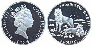 Cook Islands, Silver 5 Dollars, 31.47g, 1996, Endangered Wildlife Series, obv. The Effigy 