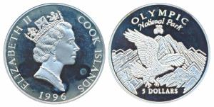 Cook Islands, Silver 5 Dollars, 1996, Olympic National Park, Bald Eagle. Proof.