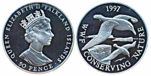 Falkland Islands, Silver 50 Pence, 28.28g, 1997, WWF Conserving Nature, Black-brown Albatr