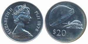 Fiji, Silver 20 Dollars, 35g, 1978, Conservation - Golden Cowrie, obv. Bust on the right, 