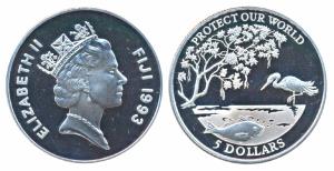 Fiji, Silver 5 Dollars, 20g, 1993, Protect Our World, obv. Bust of Elizabeth II on the rig