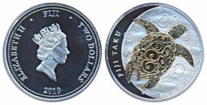 Fiji, Silver 2 Dollars, 31.105g, 2010, Taku Turtle. Proof.