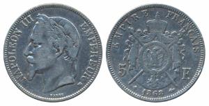 France, Silver 5 Francs, 25g, 1868, obv. Laureate head of Napoleon III facing left; rev. C