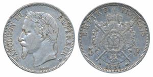 France, Silver 5 Francs, 24.75g, 1969, obv. Laureate head of Napoleon III facing left; rev
