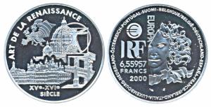 France, Silver 6.55957 Francs, 22.22g, 2000, Renaissance Art, obv. Head of Europa; rev. Re