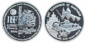 France, Silver 6,55957 Francs, 22.2g, 2000, obv. Truncated bust symbolizing Europe, circul