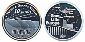 France, Silver 10 Euro, 22.2g, 2010, TGV and ICE Trains: Lille Europe Railway Station. Pro