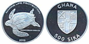 Ghana, Silver 500 Sika, 26.1g, 2003, Marine Life Protection Series, Leatherback Turtle, ob
