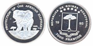 Guinea, Silver 7000 Francs, 10g, 1993, Protection of the African Elephant, obv. National a