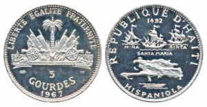 Haiti, Silver 5 Gourdes, 1967, 10th Anniversary of Revolution - Columbus Discovers America