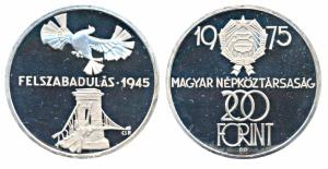 Hungary, Silver 200 Forint, 28g, 1975, 30th Anniversary of Liberation, obv. Small shield d