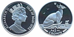 Isle of Man, Elizabeth II, Silver 1 Crown, 31.1g, 1992, Cat Series, obv. Bust of Elizabeth