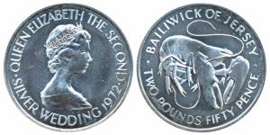 Jersey, Silver 2 ½ Pounds, 27.1g, 1972, 25th anniversary of the wedding of Queen Elizabeth