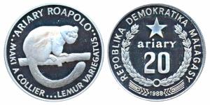 Madagascar, Silver 20 Ariary, 19.44g, 1988, World Wildlife Fund, Lemur, obv. Star above va