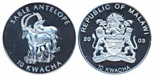 Malawi, Silver 10 Kwacha, 19.3g, 2003, Sable Antelope, obv. Date divided by national arms 