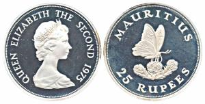 Mauritius, Silver 25 Rupees, 28.3g, 1975, Conservation, obv. Bust of Queen Elizabeth right