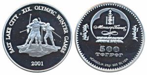 Mongolia, Silver 500 Togrog, 25g, 2001, 2002 Olympic Winter Games - Salt Lake, obv. Bank e