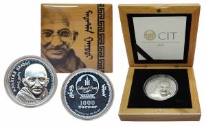 Mongolia, Silver 1000 Togrog, 31.1g, 2020, Mahatma Gandhi, Revolutionaries Series, Obv. Em