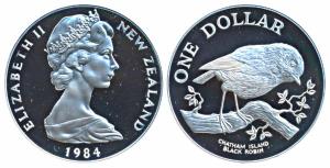 New Zealand, Elizabeth II, Silver 1 Dollar, 27.216g, 1984, Chatham Island Black Robin, Nat
