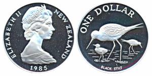 New Zealand, Elizabeth II, Silver 1 Dollar, 27.22g, 1985, Black Stilt, obv. Second crowned