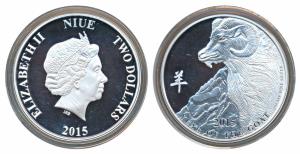 Niue, Silver 2 Dollars, 31.1g, 2015, Elizabeth II Year of Goat. Proof, within original box