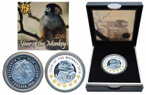 Niue, Elizabeth II, Silver 1 Dollar, 17.50g, 2016, Year of the Monkey. Proof, within origi