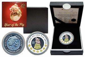 Niue, Elizabeth II, Silver 1 Dollar, 17.5g, 2019, Year of the Pig, obv. Bust of Elizabeth 