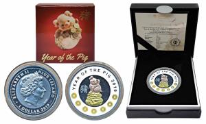 Niue, Elizabeth II, Silver 1 Dollar, 17.5g, 2019, Year of the Pig, rev. Pig on a golden pu