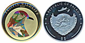 Palau, Silver 5 Dollars, 25g, 2006, Prismatic Wildlife, Superb Fruit Dove (KM 188). Proof,