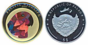 Palau, Silver 5 Dollars, 25g, 2006, Prismatic Wildlife- Red Parrot, Eclectus Parrot. Proof