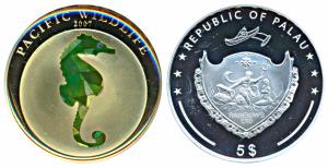 Palau, Silver 5 Dollars, 25g, 2007, Prismatic Wildlife, Seahorse. Proof, in plastic case o