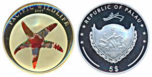 Palau, Silver 5 Dollars, 25g, 2007, Prismatic Wildlife, Starfish. Proof, in plastic case o