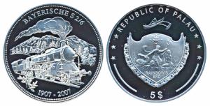 Palau, Silver 5 Dollars, 25g, 2007, obv. Coat of Arms; rev, Bavarian S 2/6. Proof, in plas
