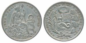Peru, Silver 1 Sol, 25g, 1923, Santiago Mint, 1934 (KM 218). Very Fine.