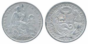 Peru, Silver 1 Sol, 25g, 1923, Santiago Mint, 1934 (KM 218). About Very Fine.