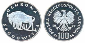 Poland, Silver 100 Zlotych, 1977, Environmental Protection-Buffalo. Proof.