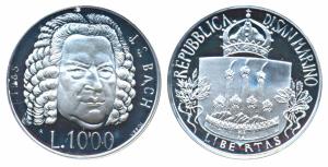 San Marino, Silver 1000 Lire, 14.6g, 1985, 300th Anniversary of the Birth of Johann Sebast