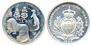 San Marino, Silver 500 Lire, 11g, 1993, Wildlife Protection, obv. The official Coat-of-Arm