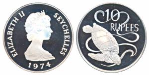 Seychelles, Elizabeth II, Silver 10 Rupees, 28.80g, 1974, obv. Effigy of queen Elizabeth I