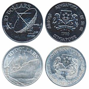 Singapore, Silver 10 Dollars (2), 1975, 10th Anniversary of Independence; 1980, Communicat