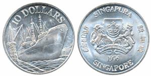 Singapore, Silver 10 Dollars, 31.10g, 1976, 10th Anniversary of Independence, obv. The Sin