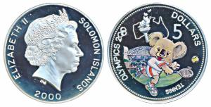 Solomon Islands, Silver 5 Dollars, 24.91g, 2000, Summer Olympics, Sydney, obv. Head of Eli