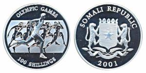 Somalia, Silver 100 Shillings, 31.1g, 2001, Olympic Games, obv. Coat of Arms; rev. Running
