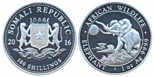 Somalia, Silver 100 Shilling, 31.10g, 2016, African Wildlife Series- Elephant, obv. Date s