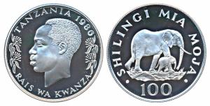 Tanzania, Silver 100 Shilingi, 19.44g, 1986, Conservation, obv. Bust on the left, legend a