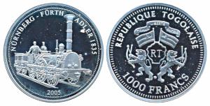Togo, Silver 1000 Francs, 20g, 2005, 170th Anniversary German Railroad, Nürnberg – Fürth, 