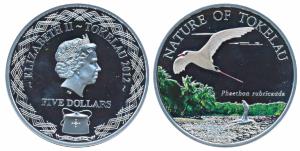 Tokelu, Silver 5 Dollars, 20g, 2012, Nature of Tokelu, Red-tailed tropicbird, obv. Effigy 